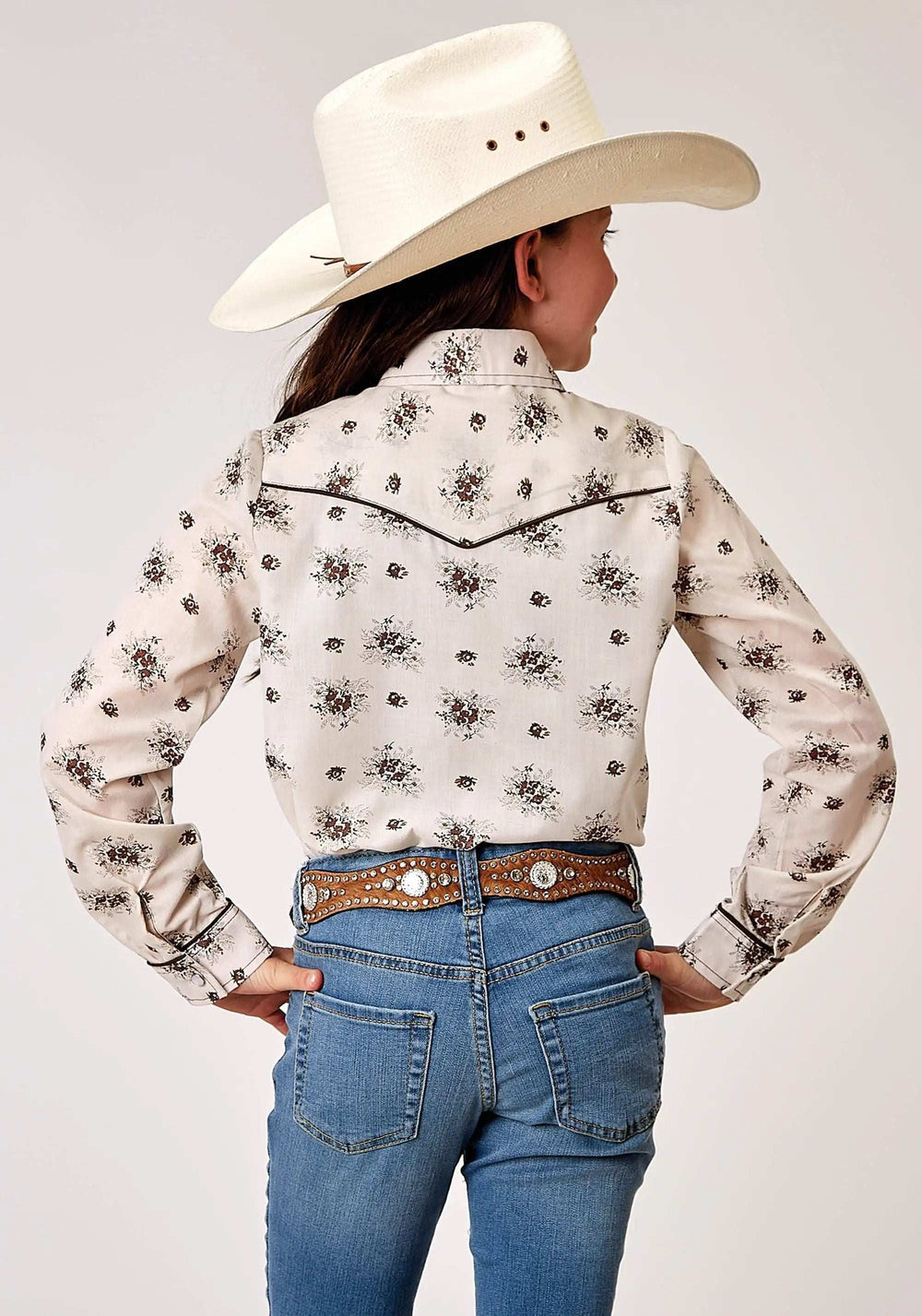 Roper Girls Long Sleeve Snap Vintage Floral Western Shirt With Solid Piping On Front And Back Yokes Smile Pockets - Roper - Flyclothing LLC