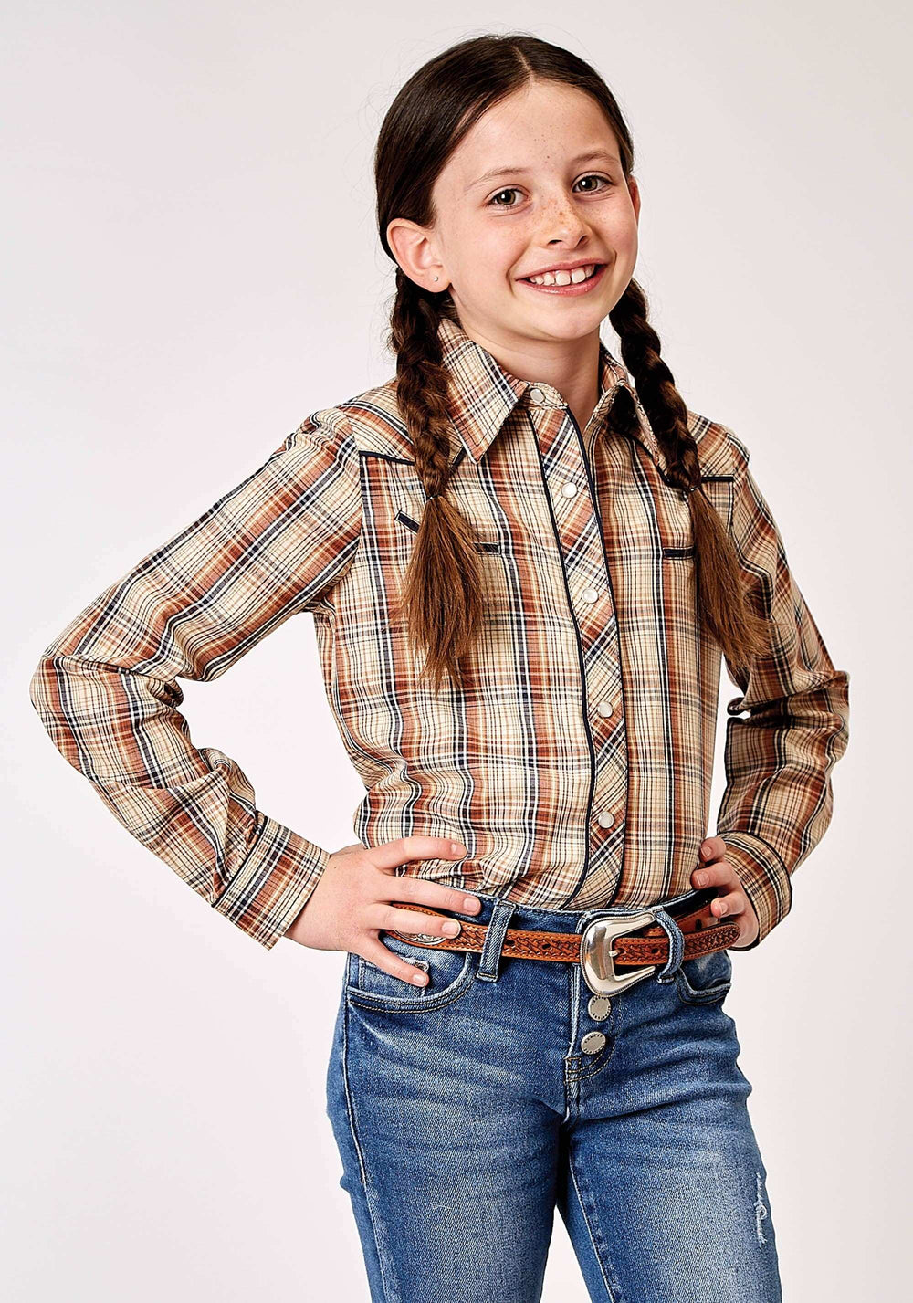 Roper Girls Long Sleeve Snap Brown Plaid Western Shirt With Solid Piping On Front And Back Yokes Smile Pockets - Roper - Flyclothing LLC