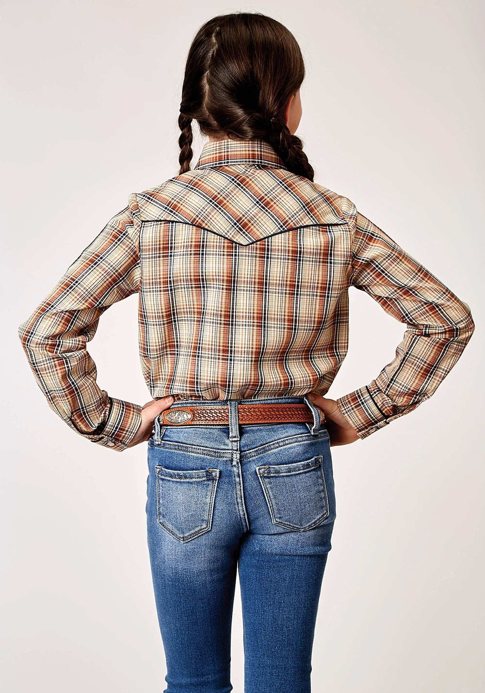 Roper Girls Long Sleeve Snap Brown Plaid Western Shirt With Solid Piping On Front And Back Yokes Smile Pockets - Roper - Flyclothing LLC