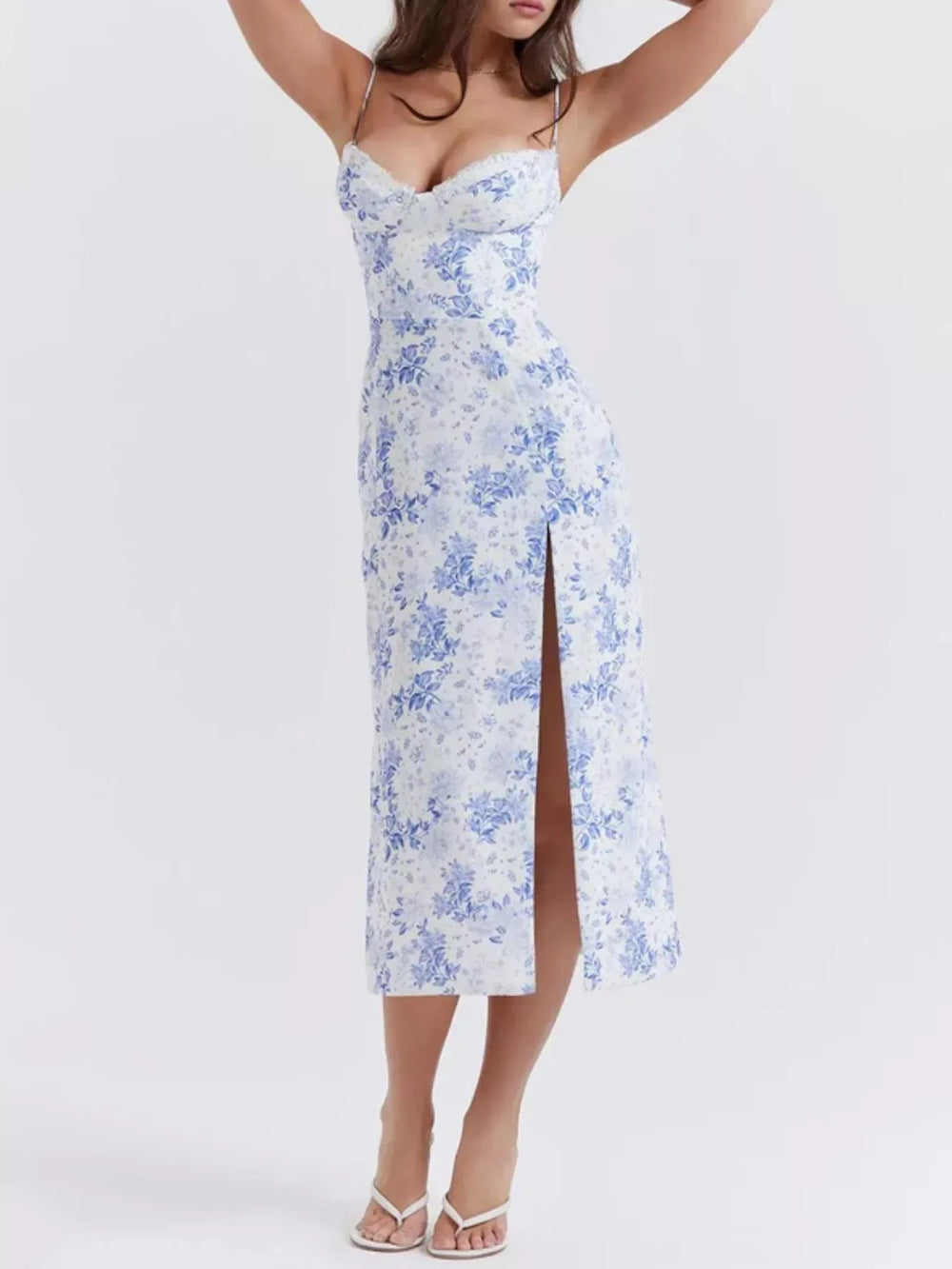 Floral Print Lace Trim Slit Midi Dress - Trendsi - Flyclothing LLC