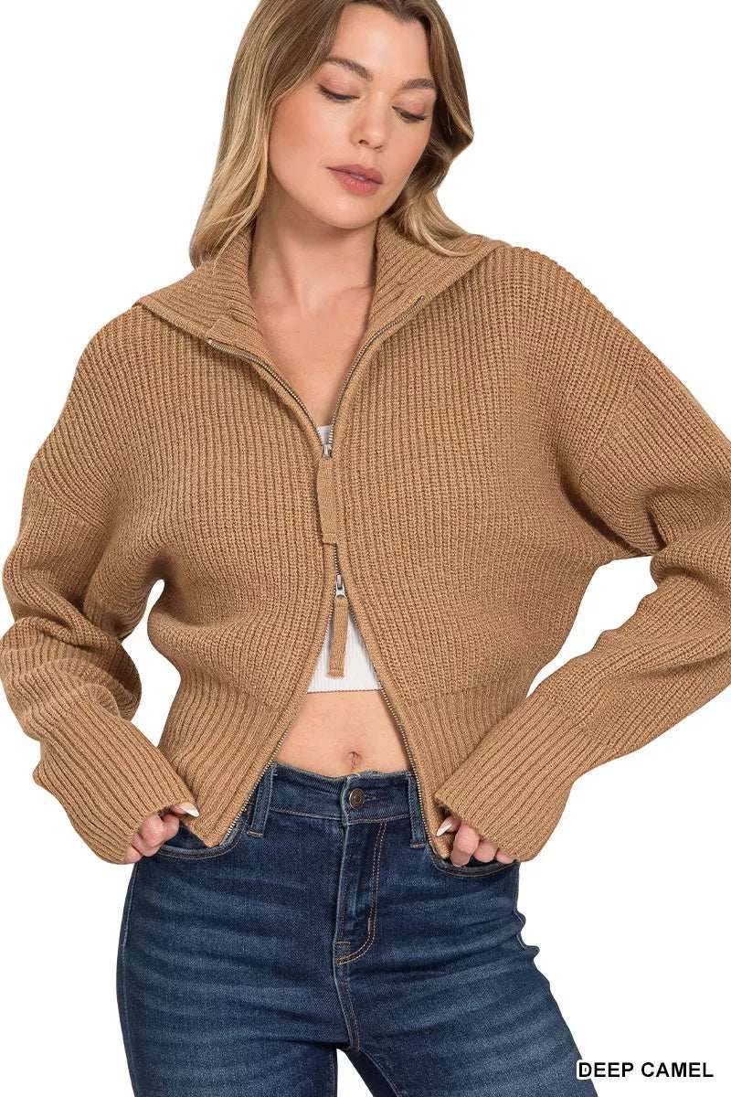Zenana Ribbed Collared Zip Up Sweater Cardigan - Trendsi - Flyclothing LLC