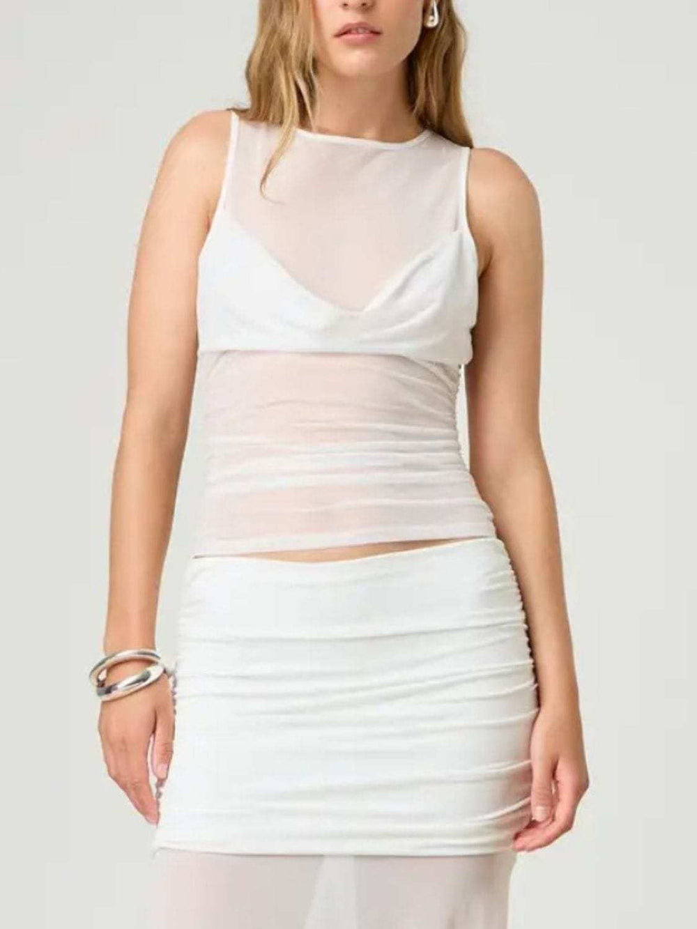 Ruched Round Neck Tank - Trendsi - Flyclothing LLC