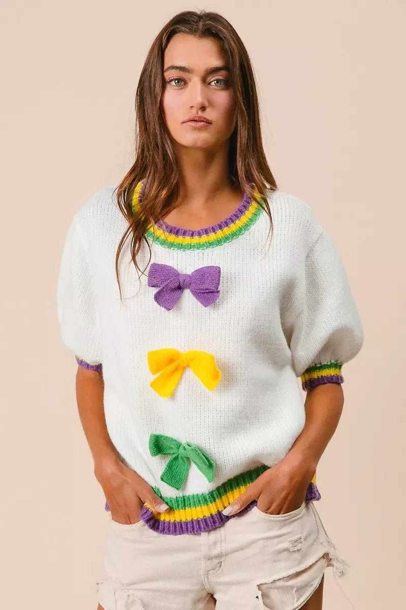 BiBi Short Puff Sleeve Ribbon Bow Mardi Gras Sweater - Trendsi - Flyclothing LLC