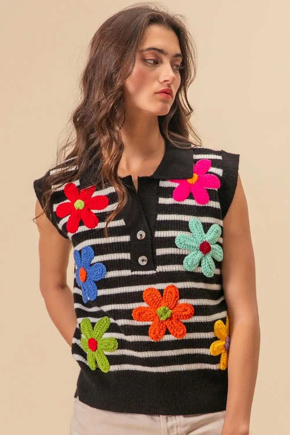 BiBi Flower Patch Striped Half Button Sweater Vest - Trendsi - Flyclothing LLC