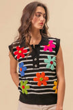 BiBi Flower Patch Striped Half Button Sweater Vest - Trendsi - Flyclothing LLC