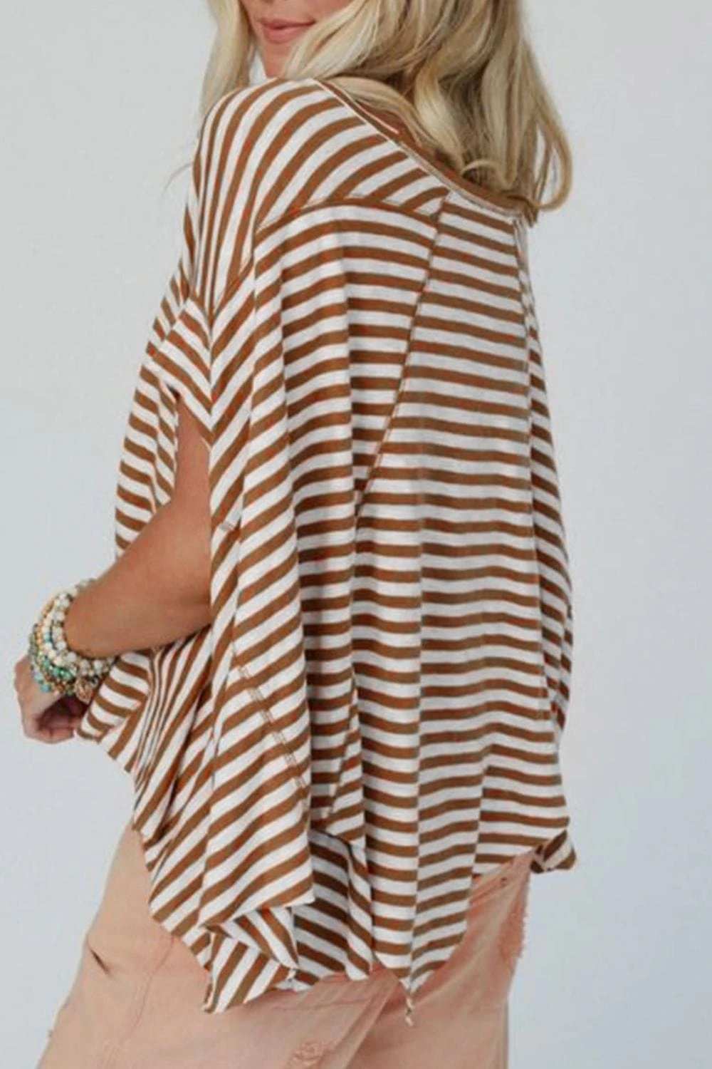 Stripe Batwing Sleeve Round Neck Oversized Top - Trendsi - Flyclothing LLC