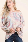 BiBi Brushed Tie Dye Print Top with Puff Sleeves - Trendsi - Flyclothing LLC