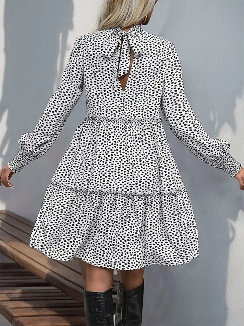 Frill Printed Mock Neck Long Sleeve Mini Dress - Trendsi - Flyclothing LLC