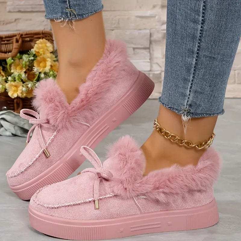 Bow Furry Round Toe Flat Slip-Ons - Trendsi - Flyclothing LLC