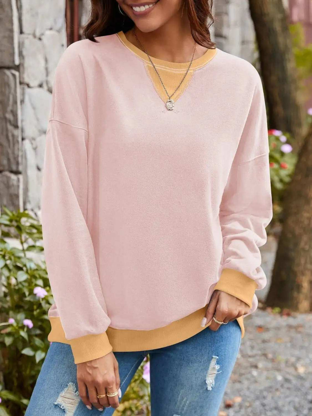 Contrast Round Neck Long Sleeve Sweatshirt - Trendsi - Flyclothing LLC