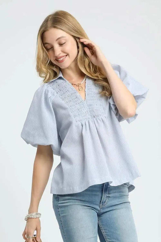 Umgee Smocked Puff Sleeve Blouse - Trendsi - Flyclothing LLC