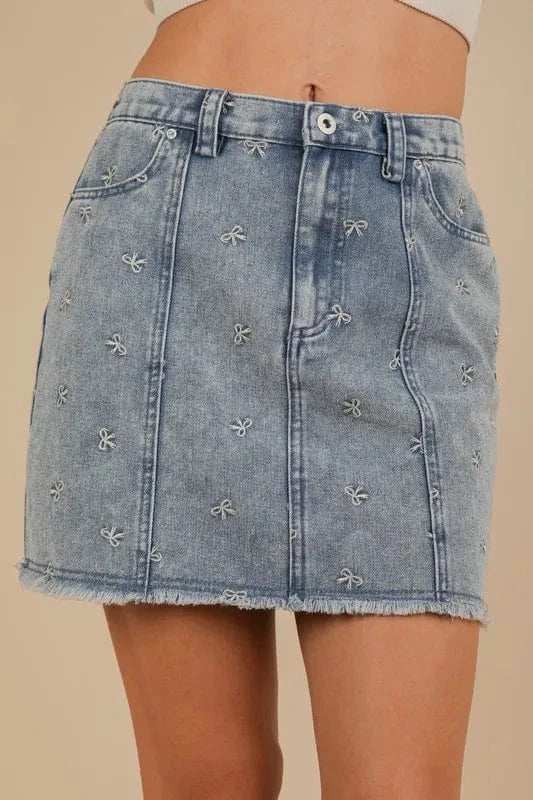 VERY J Bow Printed Casual Denim Mini Skirt - Trendsi - Flyclothing LLC