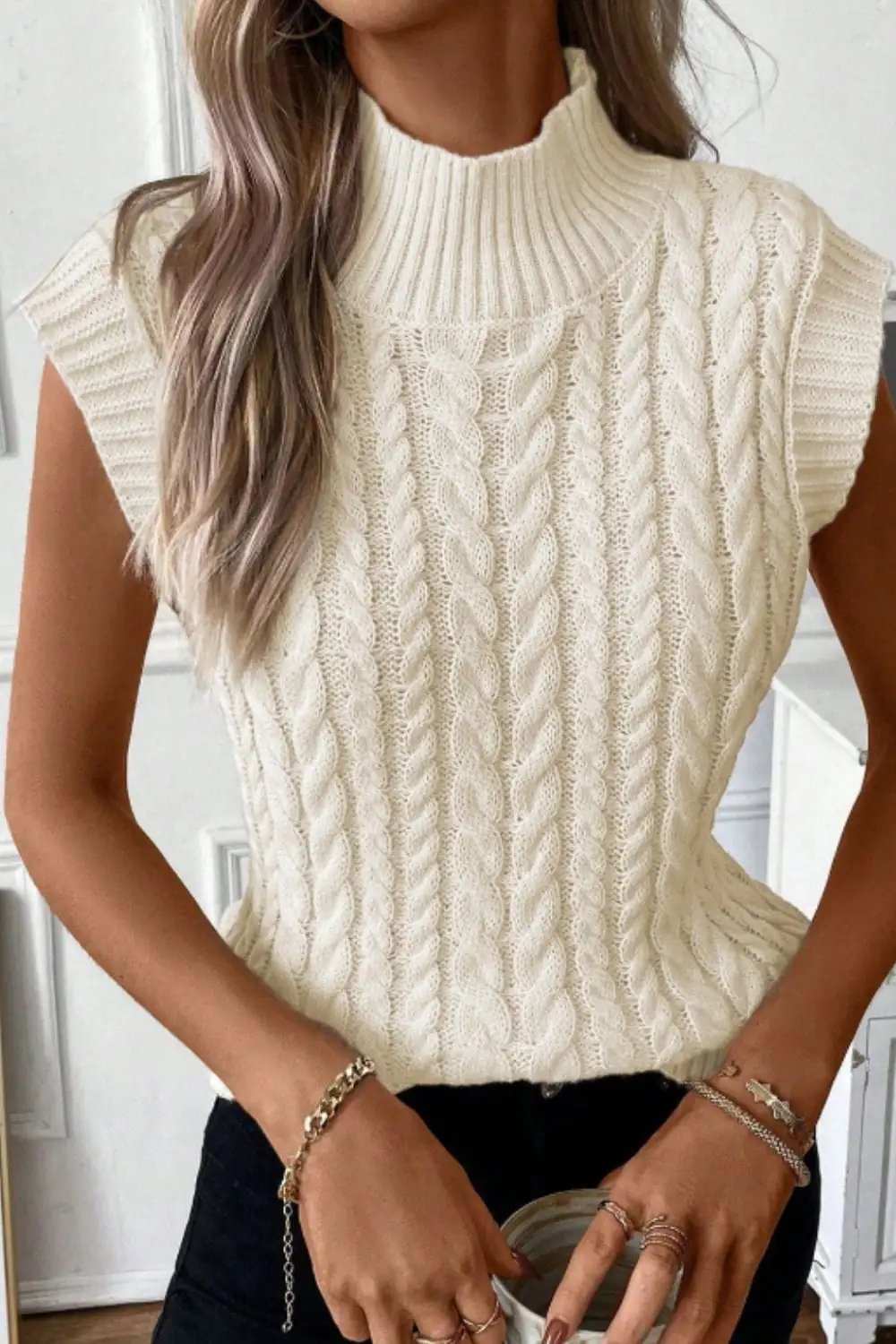 Cable Knit Turtleneck Sweater Vest - Trendsi - Flyclothing LLC