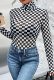 Checkered Turtleneck Long Sleeve Bodysuit - Trendsi - Flyclothing LLC