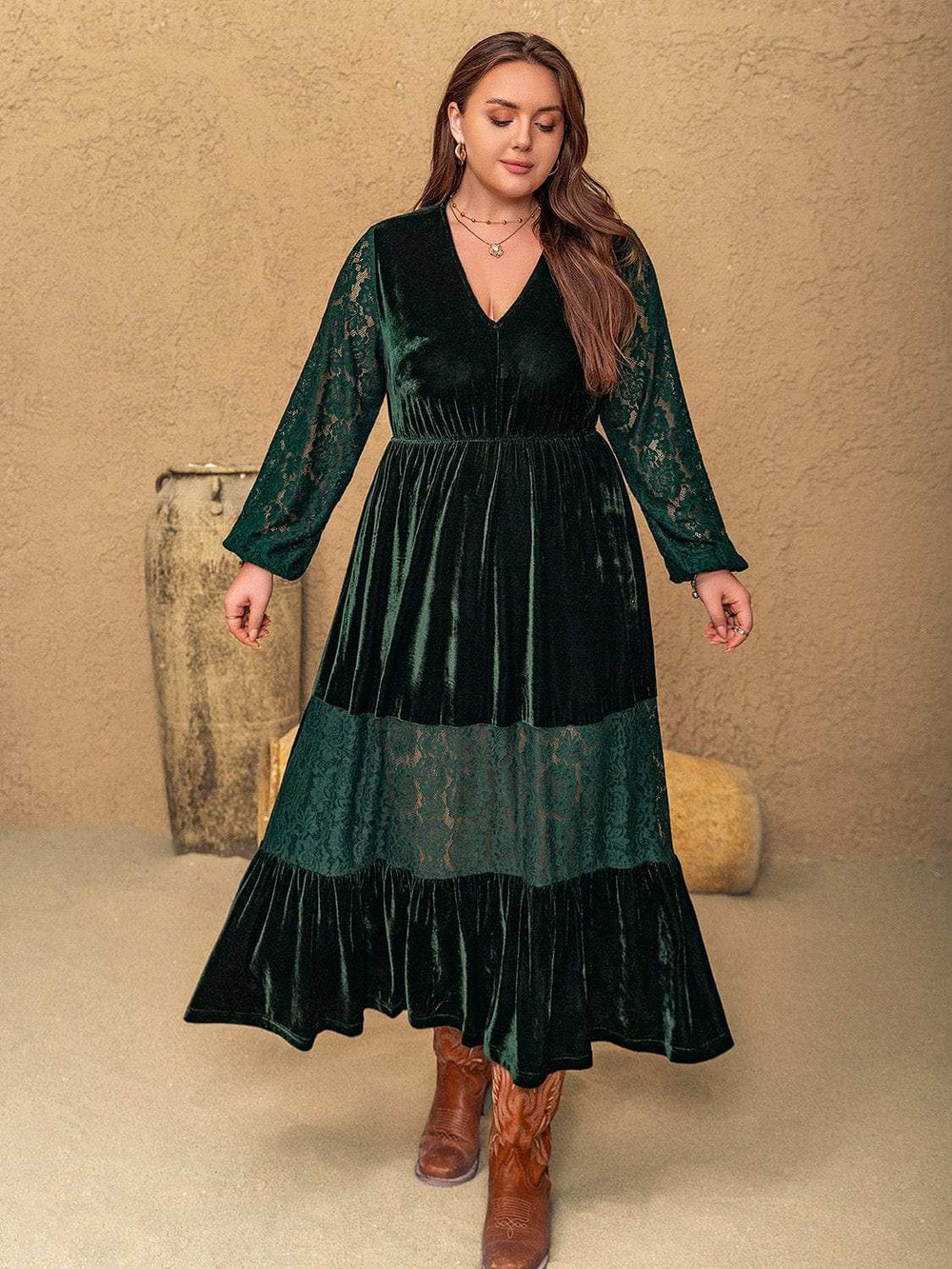 Plus Size Lace Patchwork V-Neck Balloon Sleeve Midi Dress - Trendsi - Flyclothing LLC