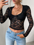 Devine Scoop Neck Long Sleeve Lace Top - Trendsi - Flyclothing LLC