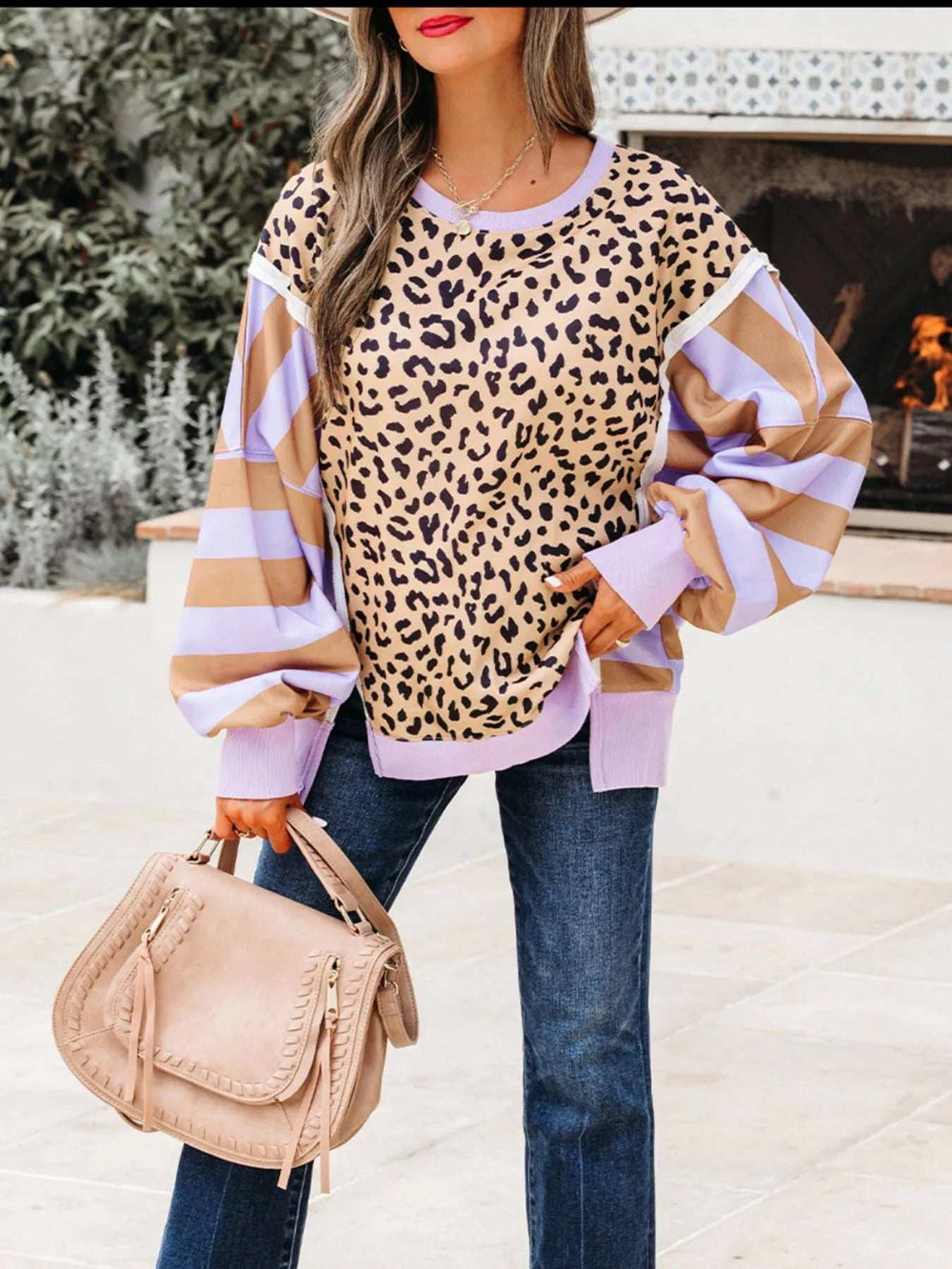 Stripe Color Block Patchwork Leopard Casual Sweatshirt with Slits - Trendsi - Flyclothing LLC