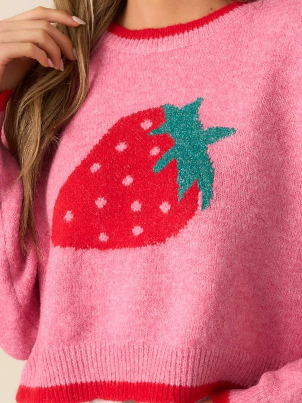 Strawberry Round Neck Long Sleeve Sweater - Trendsi - Flyclothing LLC