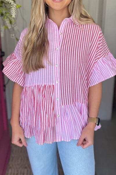 Button Down Striped Ruffled Hem Shirt - Trendsi - Flyclothing LLC