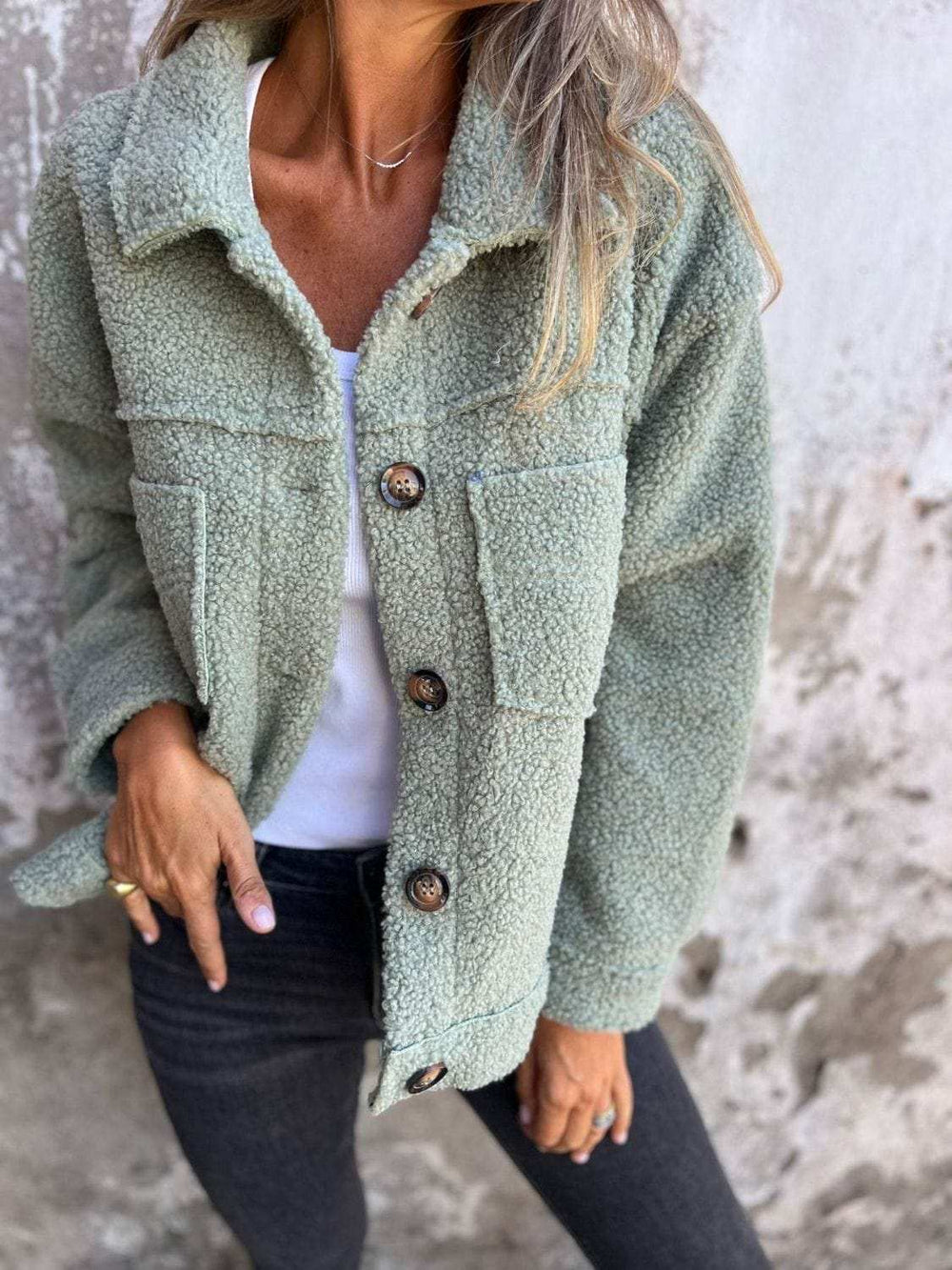 Full Size Fuzzy Button Up Drop Shoulder Jacket - Trendsi - Flyclothing LLC