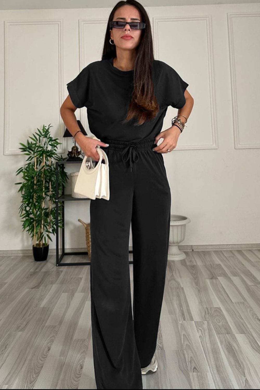 Round Neck Short Sleeve Top and Drawstring Pants Set - Trendsi - Flyclothing LLC