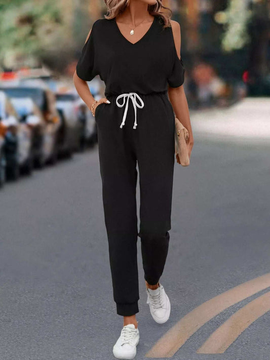 Cold Shoulder V-Neck Drawstring Waist Jumpsuit - Trendsi - Flyclothing LLC