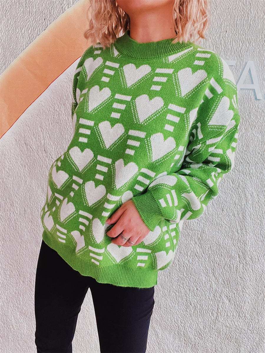 Heart Contrast Long Sleeve Dropped Shoulder Sweater - Trendsi - Flyclothing LLC