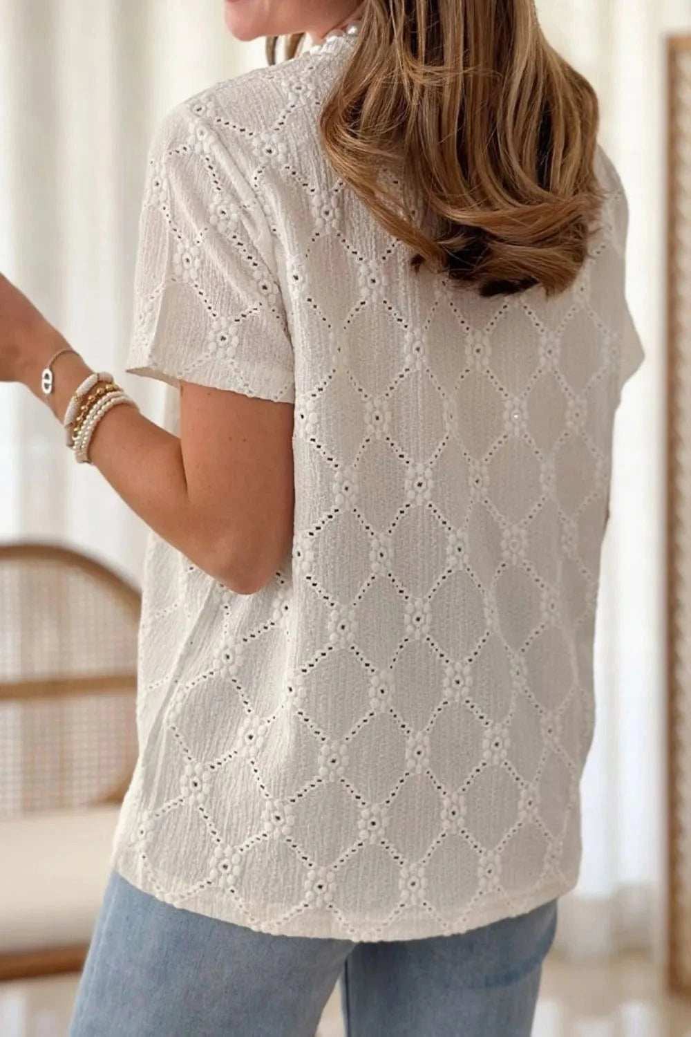 Eyelet Round Neck Short Sleeve Blouse - Trendsi - Flyclothing LLC