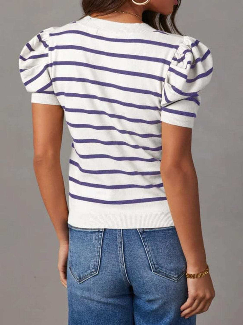 Striped Round Neck Puff Sleeve Knit Top - Trendsi - Flyclothing LLC