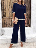 Contrast Trim Round Neck Top and Pants Set - Trendsi - Flyclothing LLC