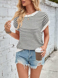 Lovelet Striped Round Neck Cap Sleeve Sweater - Trendsi - Flyclothing LLC