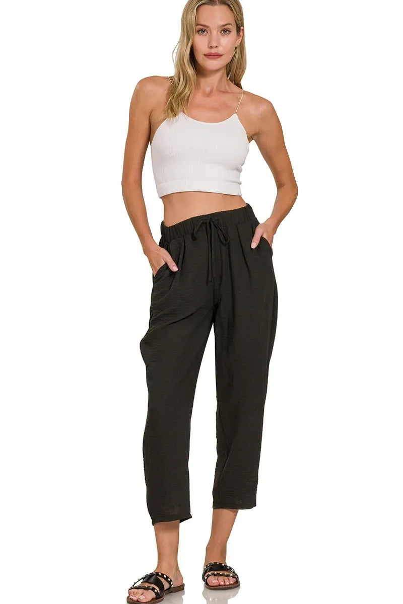 Zenana Woven Crepe Elastic Band Waist Pants - Trendsi - Flyclothing LLC
