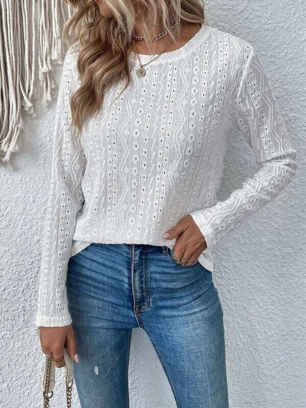 Eyelet Round Neck Long Sleeve Blouse - Trendsi - Flyclothing LLC