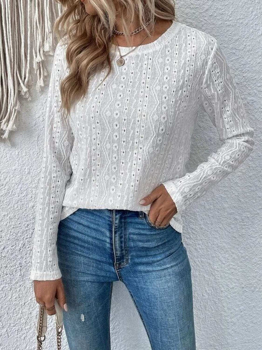 Eyelet Round Neck Long Sleeve Blouse - Trendsi - Flyclothing LLC
