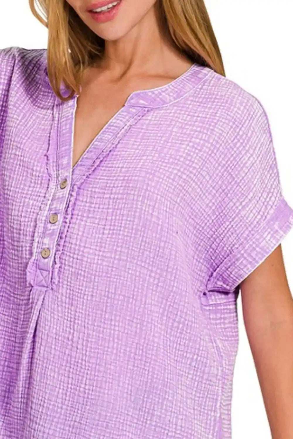 Zenana Washed Double Gauze 3/4 Button Henley Neck Shirt - Trendsi - Flyclothing LLC