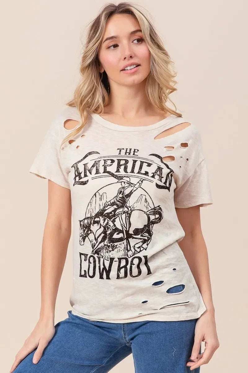 BiBi Cotton Slub Laser Top American Cow Boy Graphic - Trendsi - Flyclothing LLC