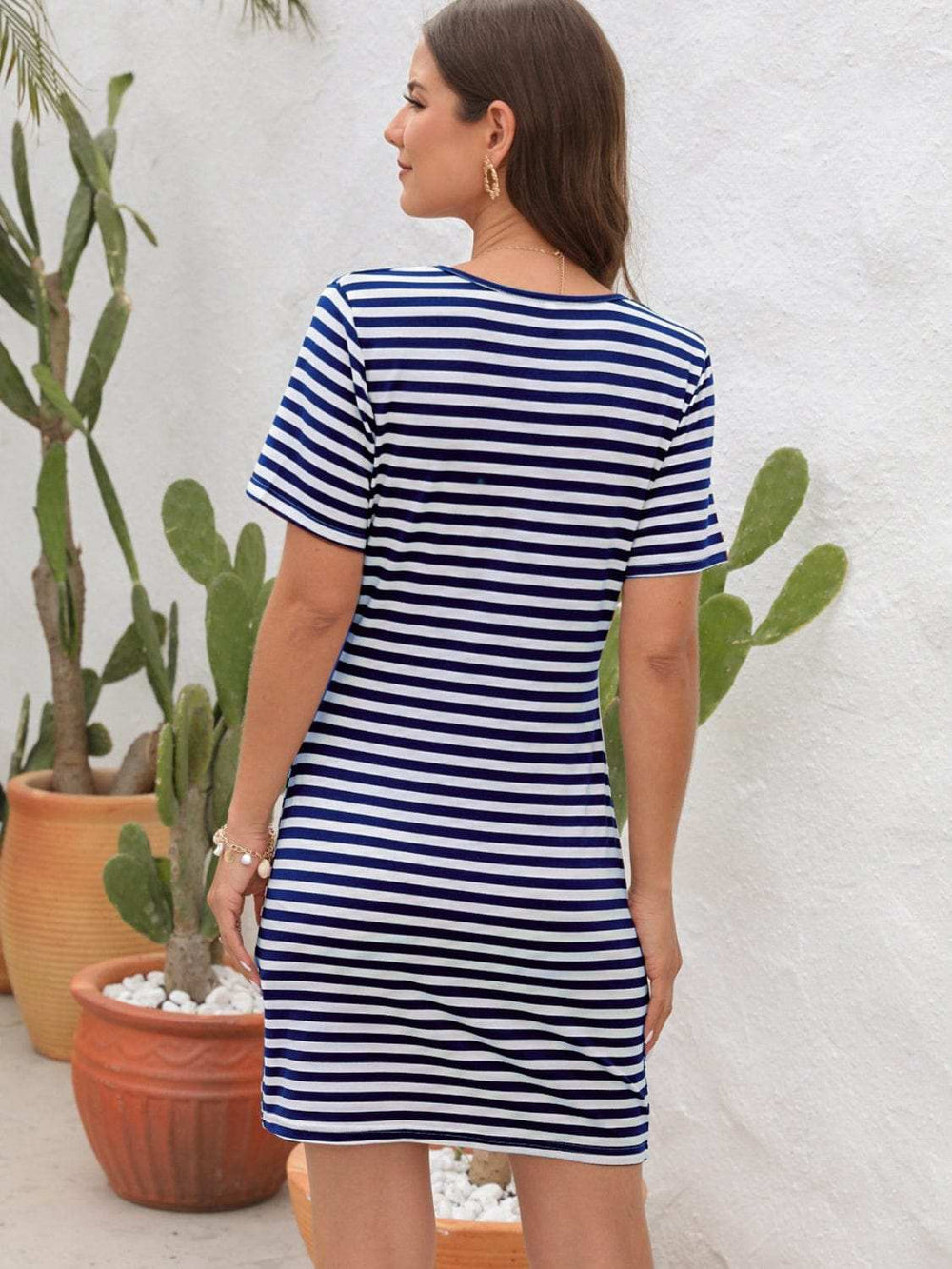 Cutout Striped Round Neck Short Sleeve Dress - Trendsi - Flyclothing LLC