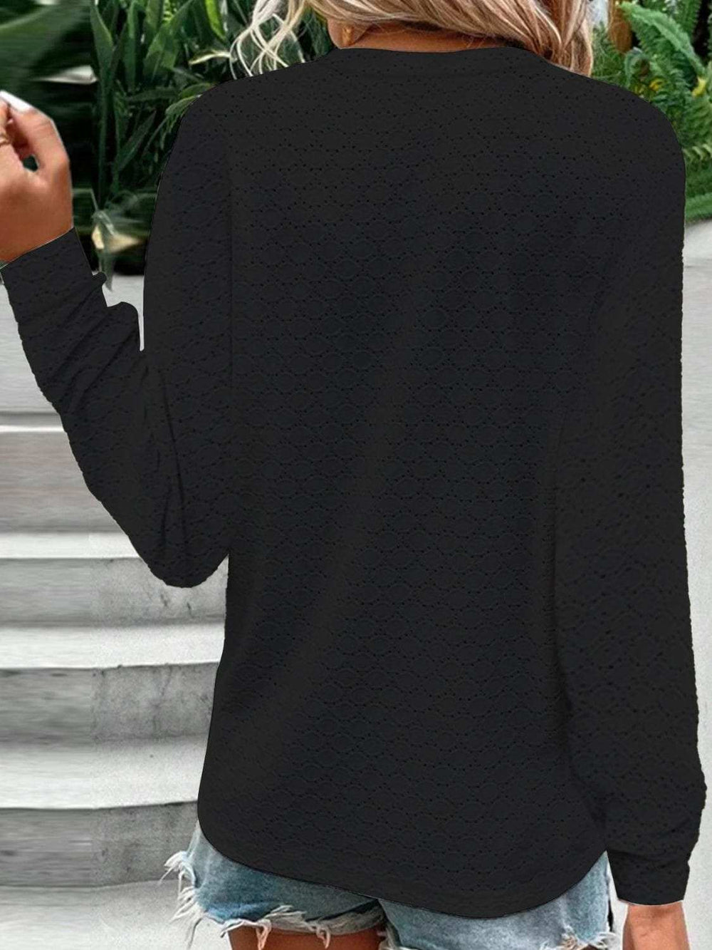 Eyelet Notched Long Sleeve T-Shirt - Trendsi - Flyclothing LLC