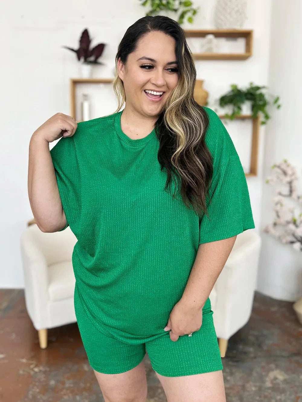 Double Take Full Size Texture Round Neck Drop Shoulder T-Shirt and Shorts Set - Trendsi - Flyclothing LLC