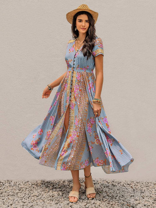 Smocked Floral V-Neck Short Sleeve Midi Dress - Trendsi - Flyclothing LLC