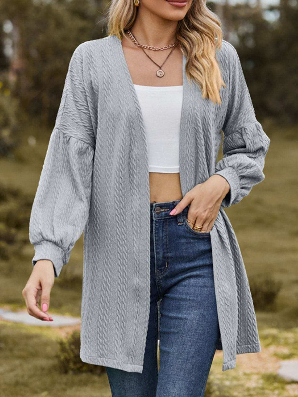 Textured Open Front Dropped Shoulder Cardigan - Trendsi - Flyclothing LLC