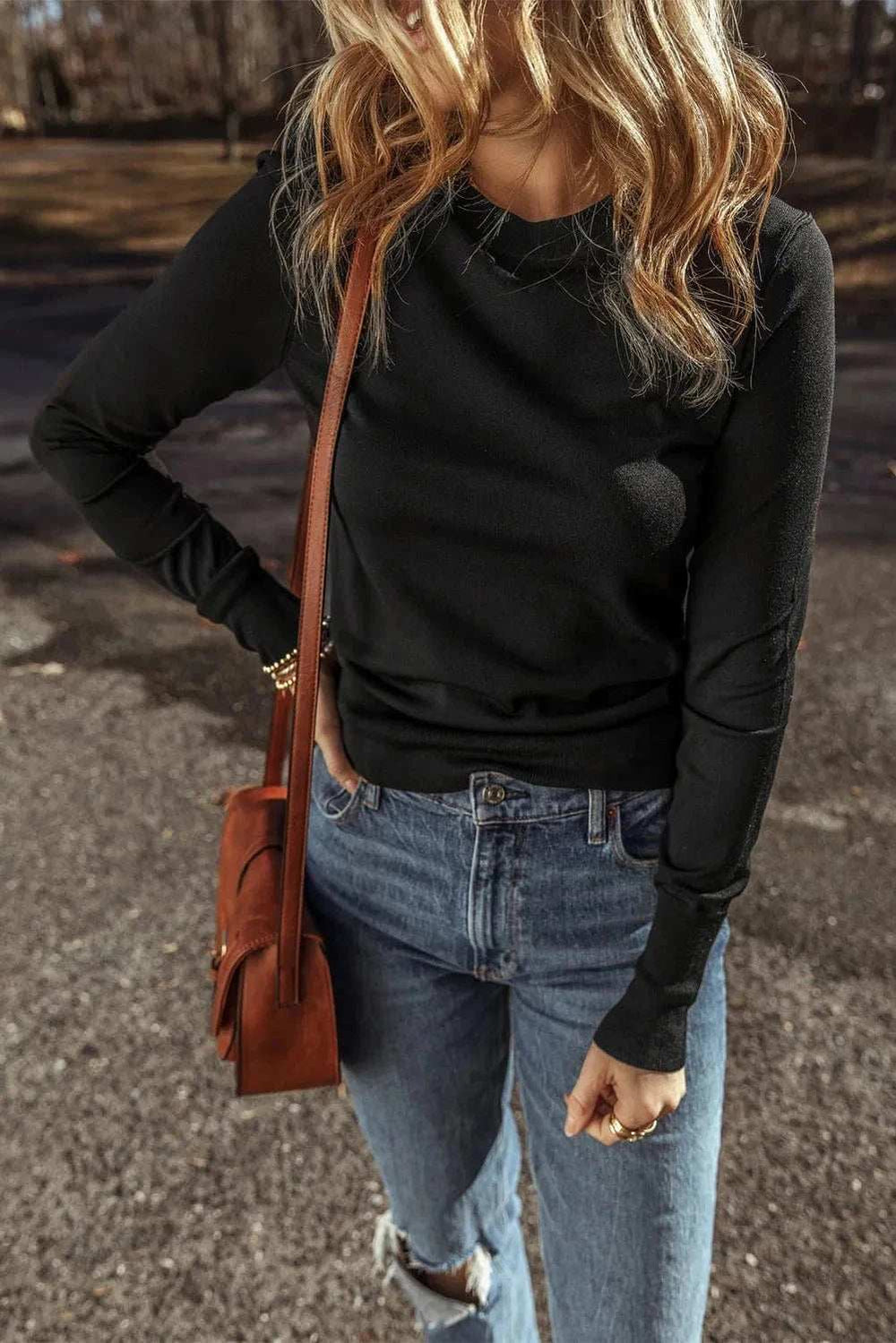 Round Neck Long Sleeve Knit Top - Trendsi - Flyclothing LLC