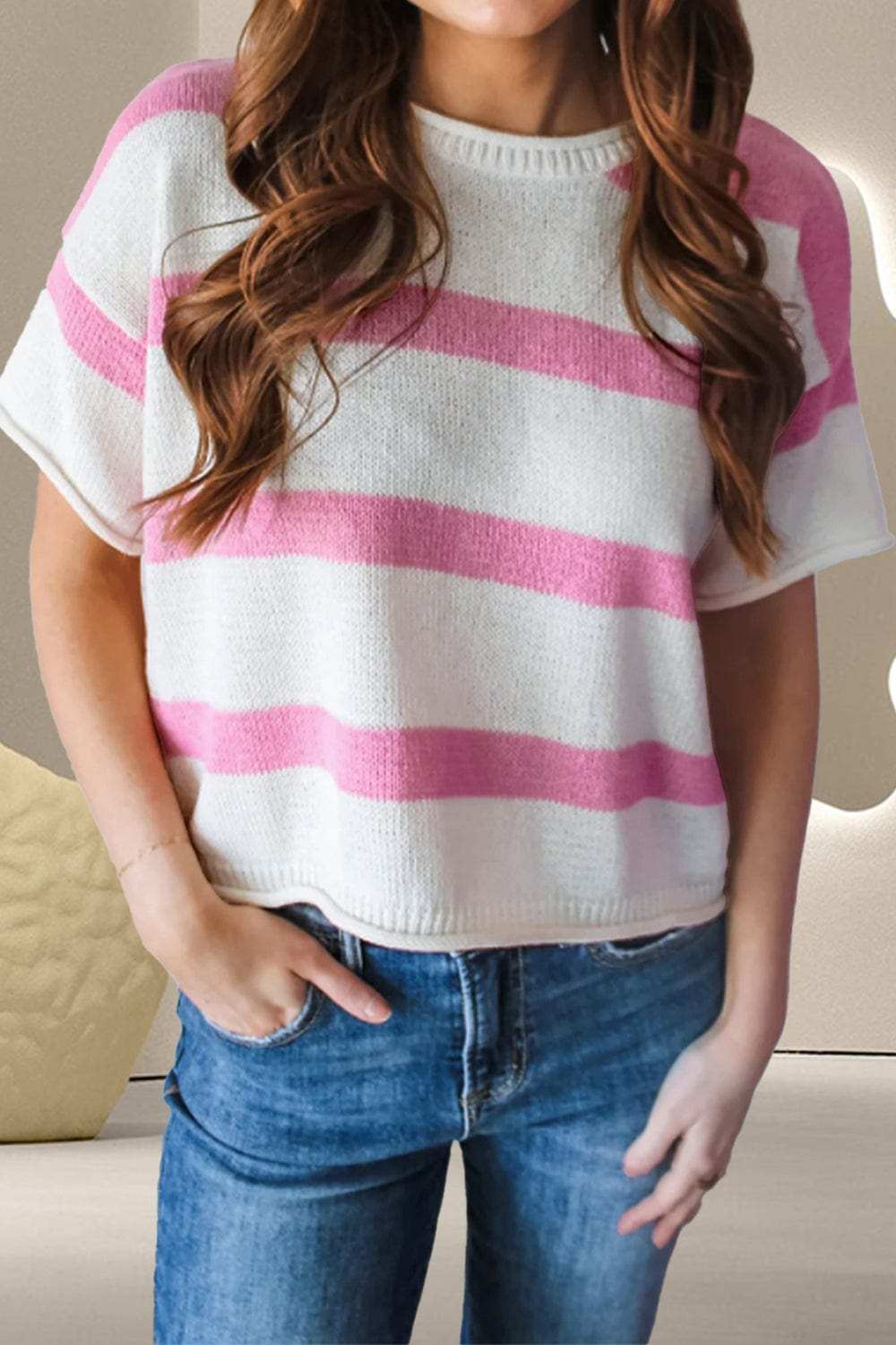 Striped Round Neck Short Sleeve Knit Top - Trendsi - Flyclothing LLC