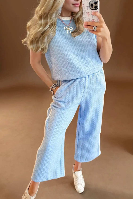 Oh Full Size Texture Contrast Trim Round Neck Top and Pants Set - Trendsi - Flyclothing LLC