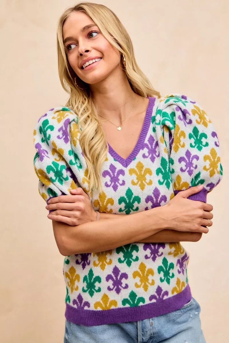 BiBi Mardi Gras Fleur De Lis Patterned V Neck Knit Top - Trendsi - Flyclothing LLC