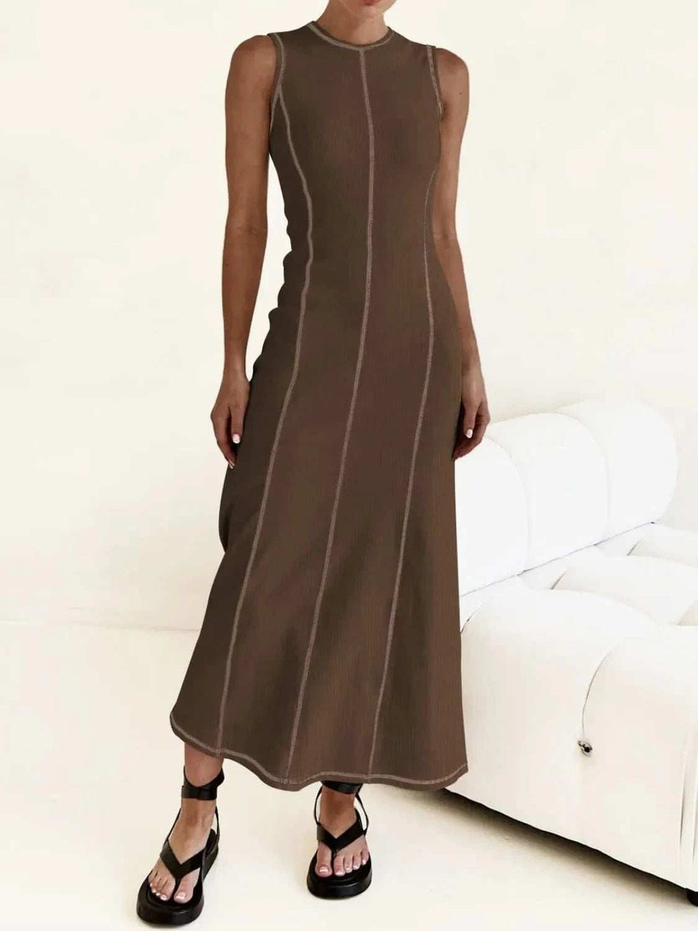 Contrast Stitching Round Neck Sleeveless Midi Dress - Trendsi - Flyclothing LLC