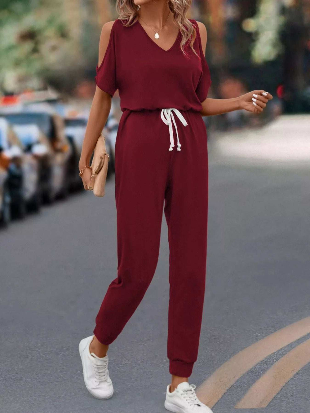 Cold Shoulder V-Neck Drawstring Waist Jumpsuit - Trendsi - Flyclothing LLC