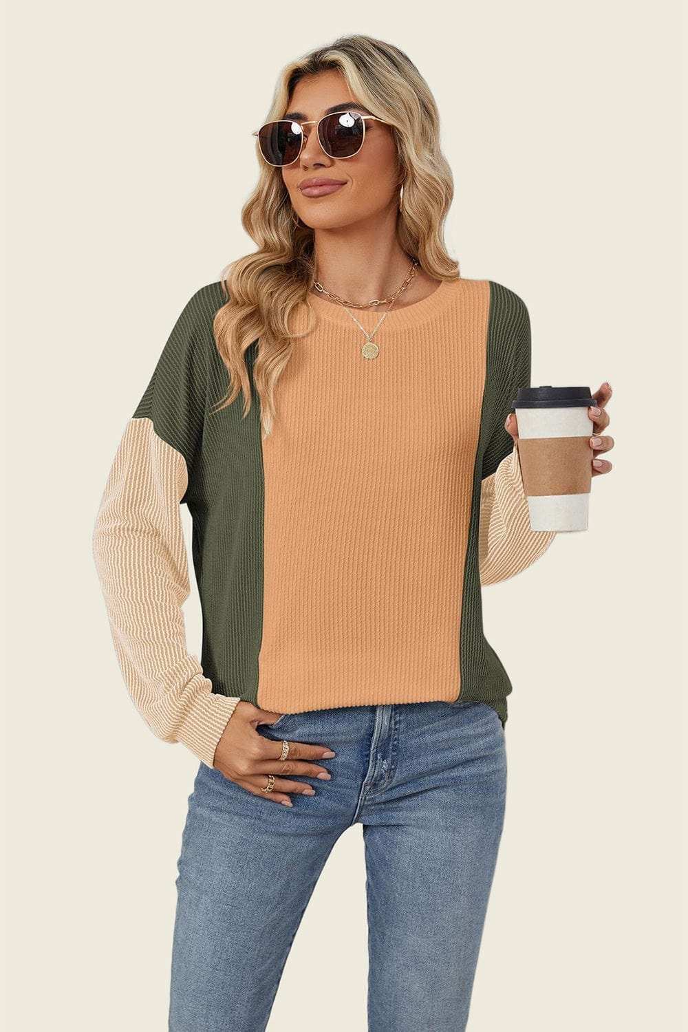 Double Take Texture Contrast Round Neck Long Sleeve T-Shirt - Trendsi - Flyclothing LLC