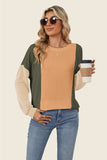 Double Take Texture Contrast Round Neck Long Sleeve T-Shirt - Trendsi - Flyclothing LLC