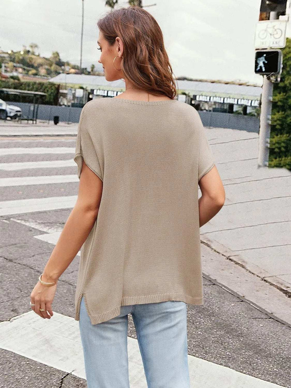 Notched Short Sleeve Knit Top - Trendsi - Flyclothing LLC